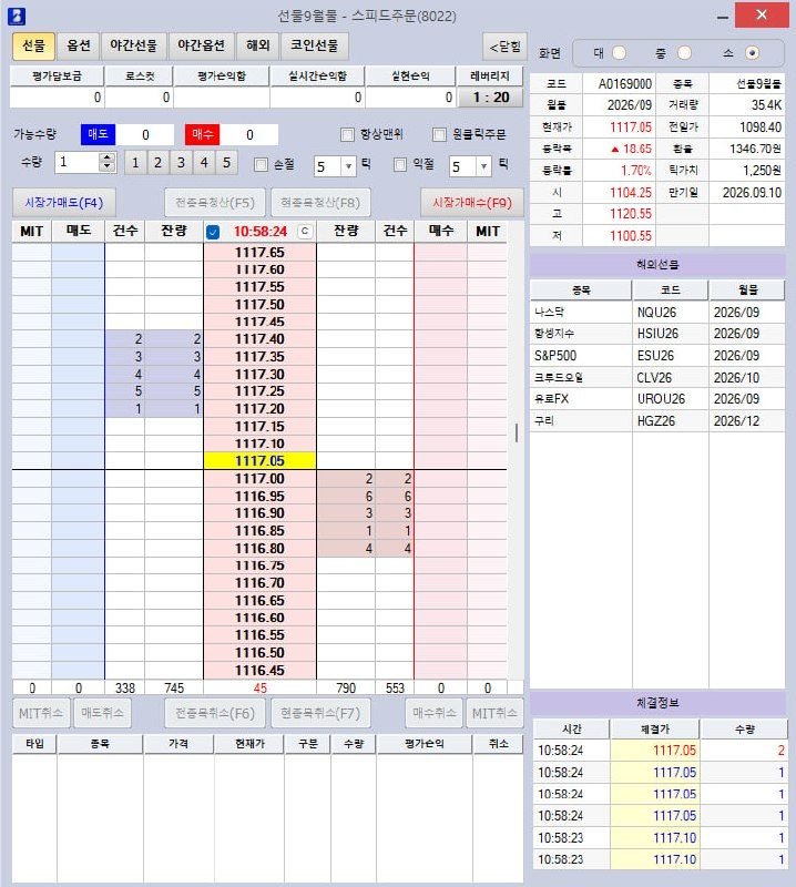 선물 스피드주문 호가 화면